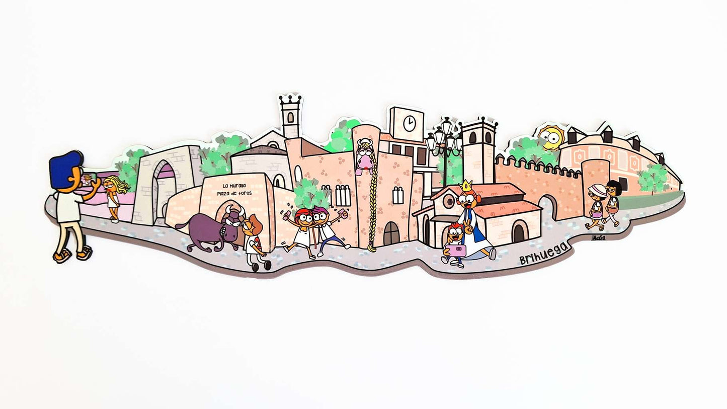 Brihuega qué ver y qué comprar en Brihuega.
Skyline de Brihuega con los edificios y los personajes más emblemáticos de la villa.
Dibujado al más puro estilo Kukuxumusu.
En el Skyline puedes ver el Castillo de la Piedra Bermeja, el Ayuntamiento, la farola de la plaza del Coso, el archo de Cozagón, un campo de lavanda, la plaza de toros, la muralla, la puerta de la Cadena, las Iglesias de la virgen de la Peña y de San Miguel y la Real fábrica de Paños hoy convertida en hotel Balneario, Castilla Termal.