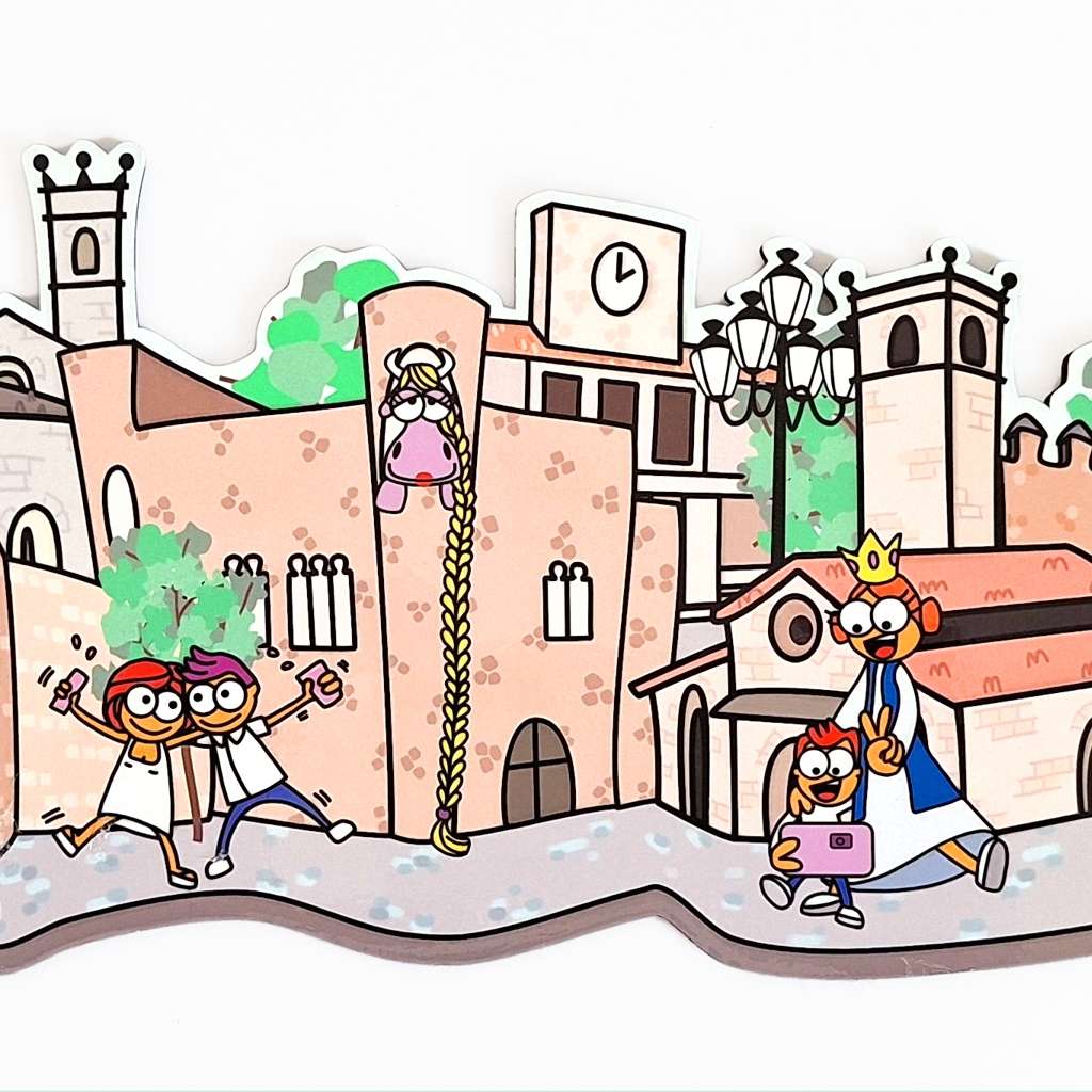 Brihuega qué ver y qué comprar en Brihuega.
Skyline de Brihuega con los edificios y los personajes más emblemáticos de la villa.
Dibujado al más puro estilo Kukuxumusu.
En el Skyline puedes ver el Castillo de la Piedra Bermeja, el Ayuntamiento, la farola de la plaza del Coso, el archo de Cozagón, un campo de lavanda, la plaza de toros, la muralla, la puerta de la Cadena, las Iglesias de la virgen de la Peña y de San Miguel y la Real fábrica de Paños hoy convertida en hotel Balneario, Castilla Termal.