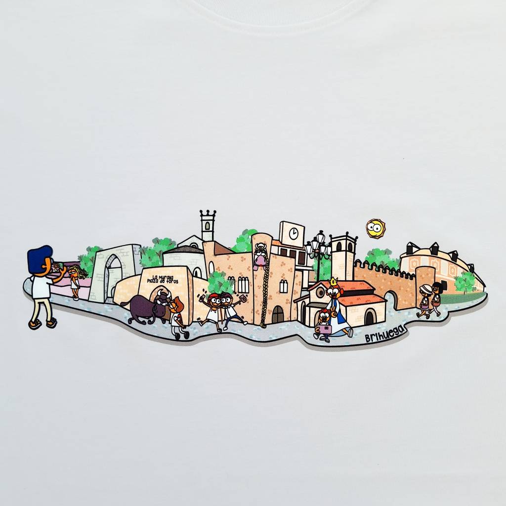 Brihuega que ver.
Camiseta con un divertido Skyline de Brihuega.
Además de los edificios y monumentos más emblemáticos de esta villa, puedes ver dibujos de los personajes más característicos, como la chica de blanco posando en los campos de lavanda, los enamorados en el festival de la lavanda, un mozo del pueblo frente al toro, la gigante princesa Elima..
Brihuega Turismo.