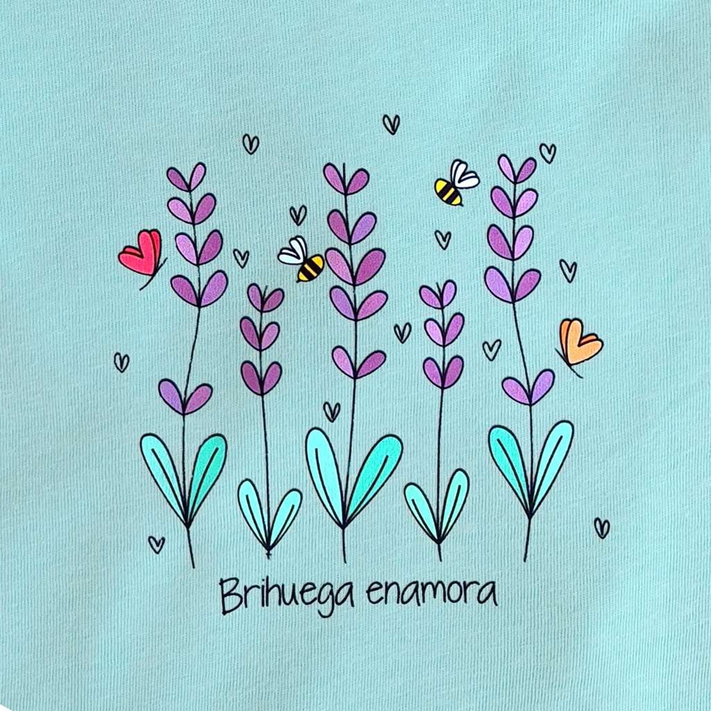 Brhuega que ver. Camiseta verde para mujer con un bonito estampado de flores de lavanda, abejas, mariposas y corazones.
Lleva el mensaje Brihuega enamora
Manga corta y cuello redondo.
Como las camisetas kukuxumusu.
Ideal para turismo brihuega.