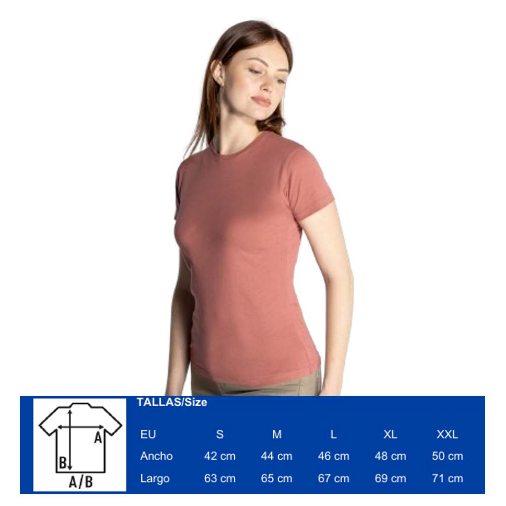guía de tallas de la camiseta de mujer de manga corta y cuello redondo