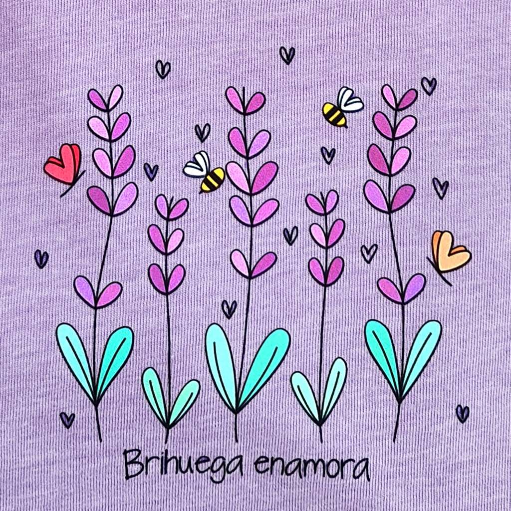 Que comprar en brihuega. Camiseta color lavanda para mujer con un bonito estampado de campo de lavanda y mensaje Brihuega enamora.
Estilo a las camisetas Kukuxumusu.
Ideal para turismo brihuega.